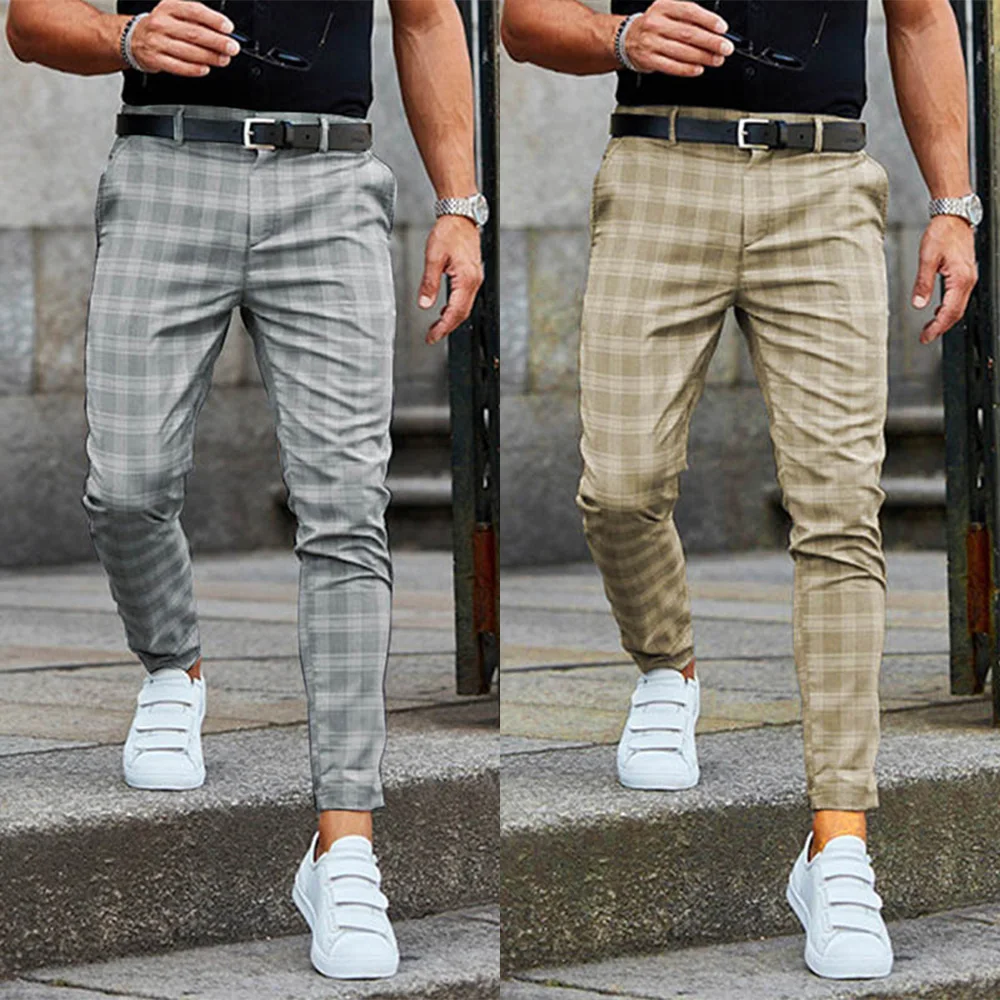 New Men's Casual Pants Plaid Print Slim Classics Business Formal Work Office Versatile for Men Fashion Retro Male Trousers