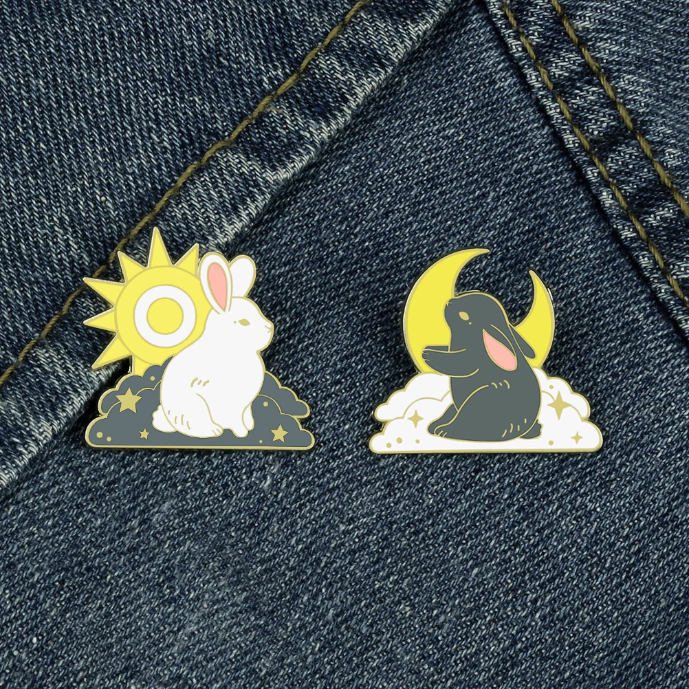 Grey White Couple Rabbit Brooches Cartoon Sun Moon Clouds Bunny Enamel Pin Bag Clothes Badge Animal Jewelry Gift for Best Friend