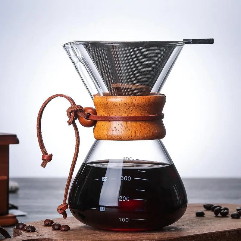 Magpie Hand Drip Coffee Brewing Pot Borosilicate Glass V-Shaped Spout Wooden Sleeve Double Layer Filter Drip Coffee Maker