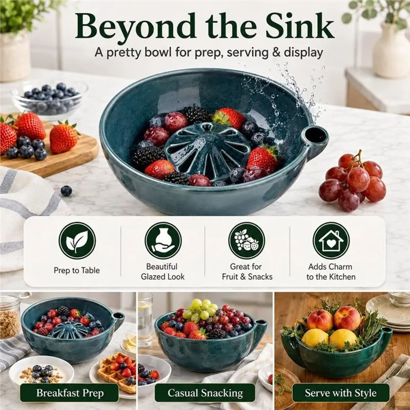 ABWZ-Self-Spinning Berry Washing Bowl,Glazed Ceramic Berry Bowl With Raised Center And Drainage Holes,Fruit Rinse Colander