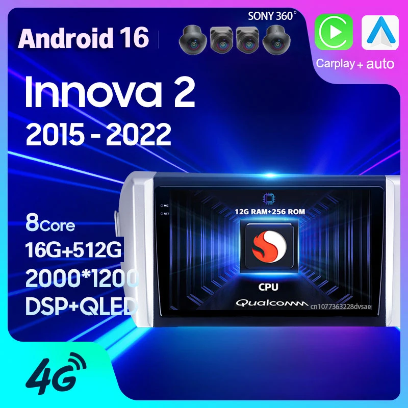 Android 16 Car Radio GPS For Toyota Innova 2 2015 2016 2017 2018 - 2022 Carplay Auto Navigation WIFI+4G Player 2Din Video Stereo