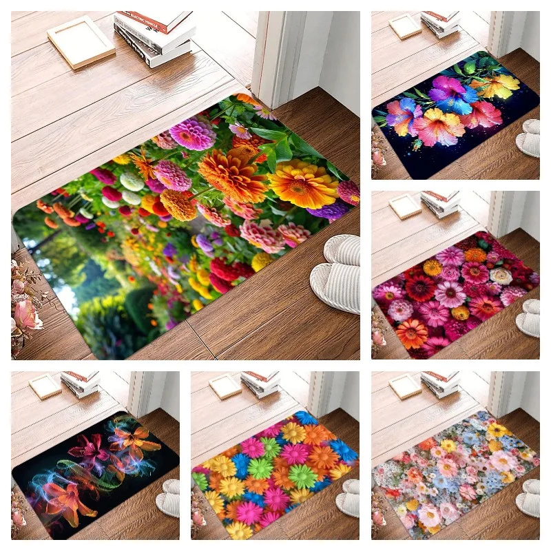Beautiful Flowers Printing Non-Slip Small Rug Waterproof Easy Clean Floor Mat for Indoor Outdoor Use Durable Home Decor Fashion 1