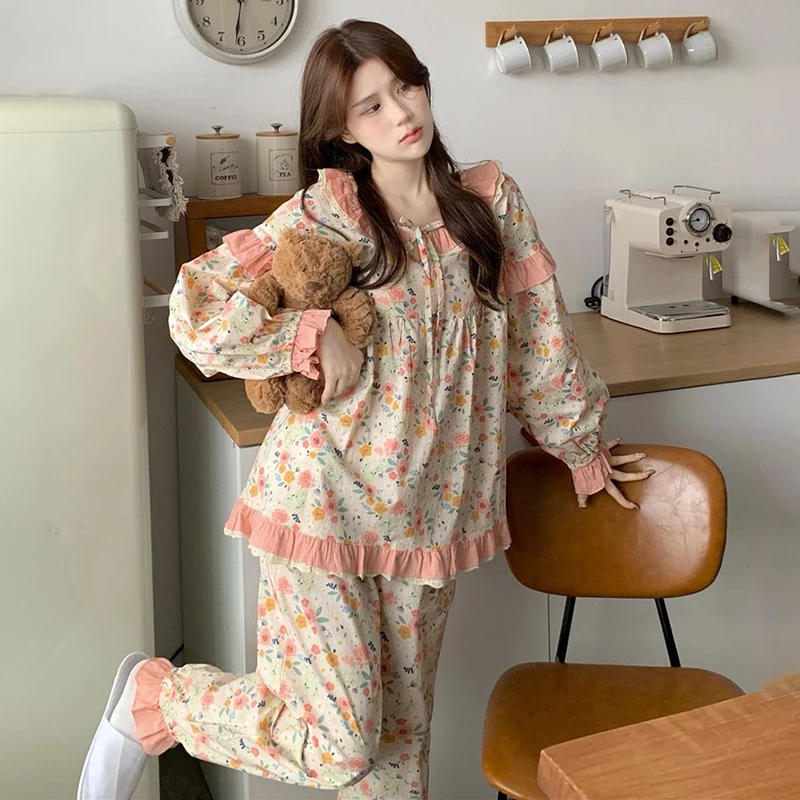 Flower Print Autumn Pajamas Set Women Ruffles Korean Two Piece Home Suit Kawaii Lace Up Sleepwear Cotton Homewear Sweet