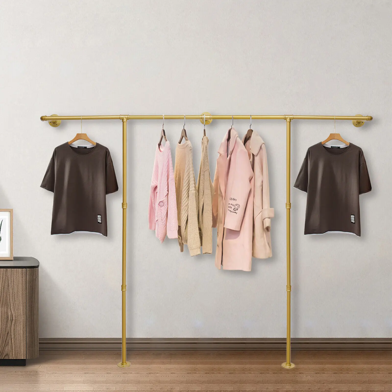 Metal Clothes Rail Hanging Storage Shelf Bedroom Wall Garment Clothes Rack Gold