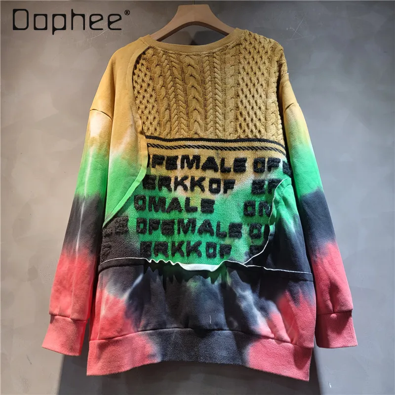 

Trendy Knitted Patchwork Letter Embroidery Sweatshirt Women Autumn Winter Fashion Casual Round Neck Long Sleeve Loose Top