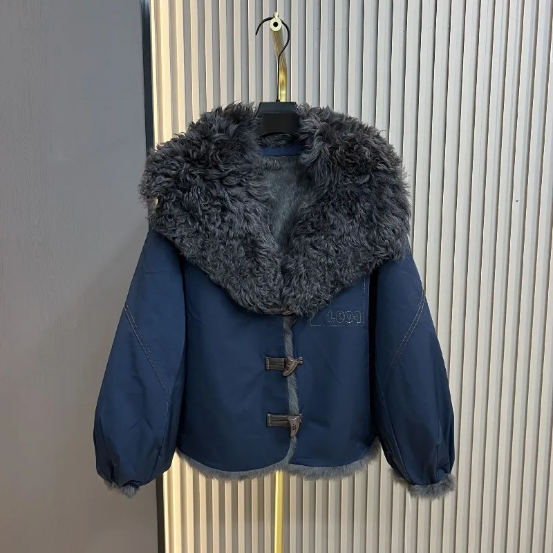 2025 Autumn Winter New Parkas Jacket Women's Rabbit Fur Lining Wool Collar Reversible Korean Style Casual Faux Fur Coat Female