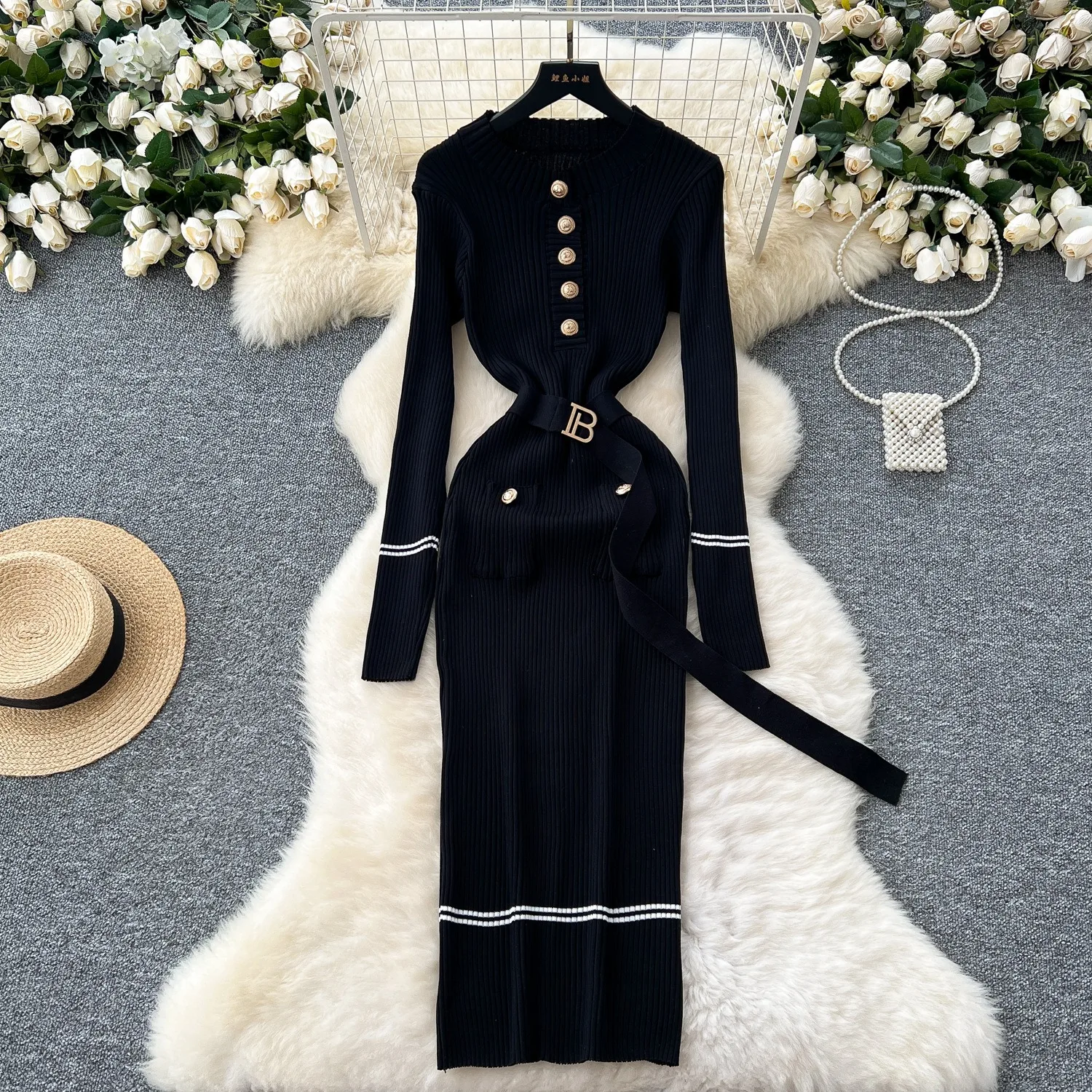 Yuoomuoo vestido feminino 2025 outono inverno elegante o-pescoço botões de malha vestido longo senhora do escritório preto bodycon vestido de festa