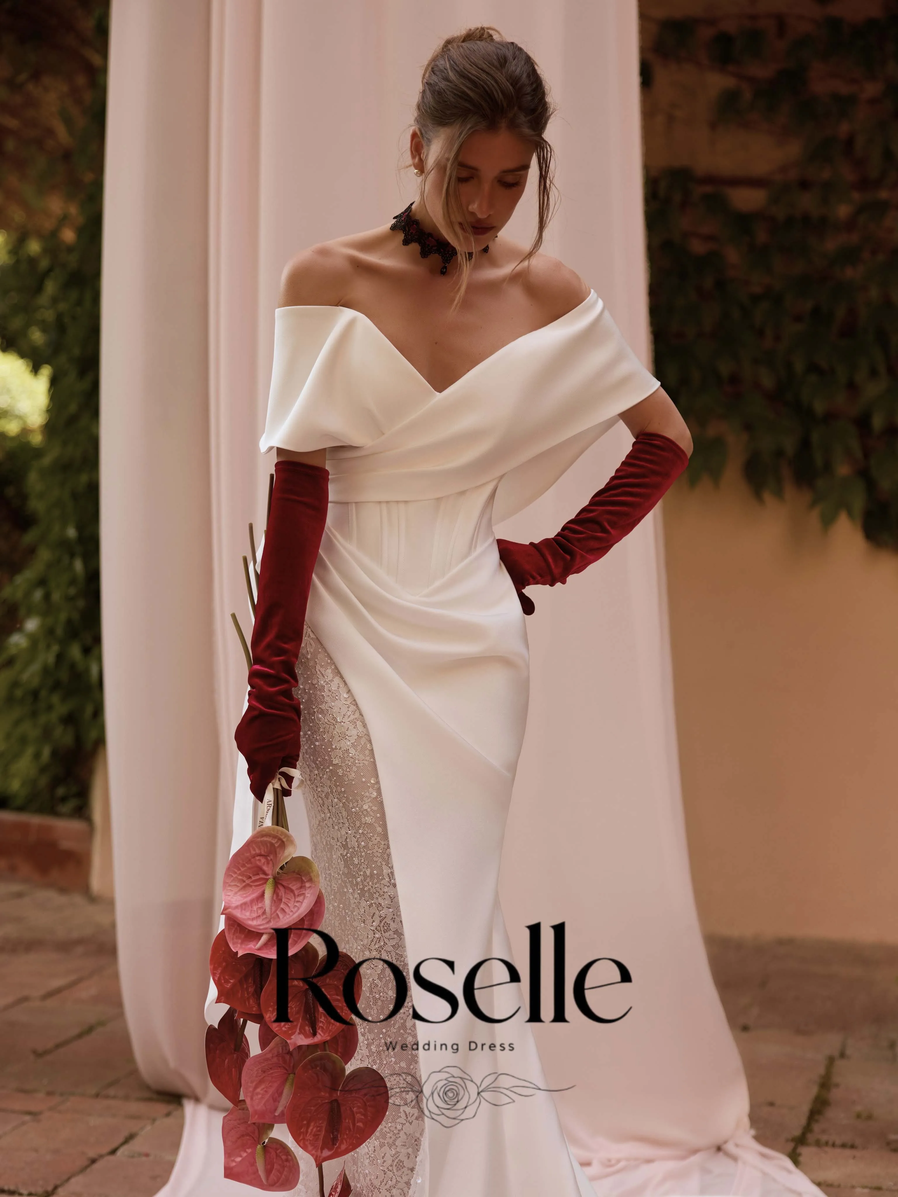 ROSELLE Off Shoulder V-Neck Mermaid Wedding Dress High Side Slit With Lace Panel 2026 Bridal Gown Customized свадебное платье