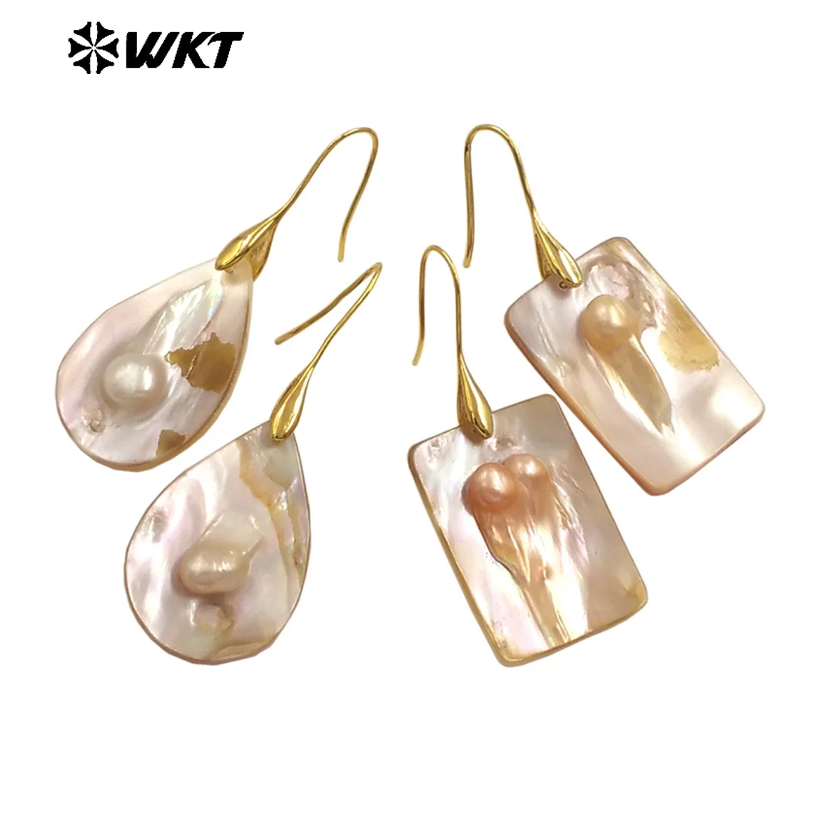 WT-MPE156 High Quality Mother Of Pearl Shell Women Earrings Waterdrop/ Square/ Round Shape Gold Color Elegant Style For Gift