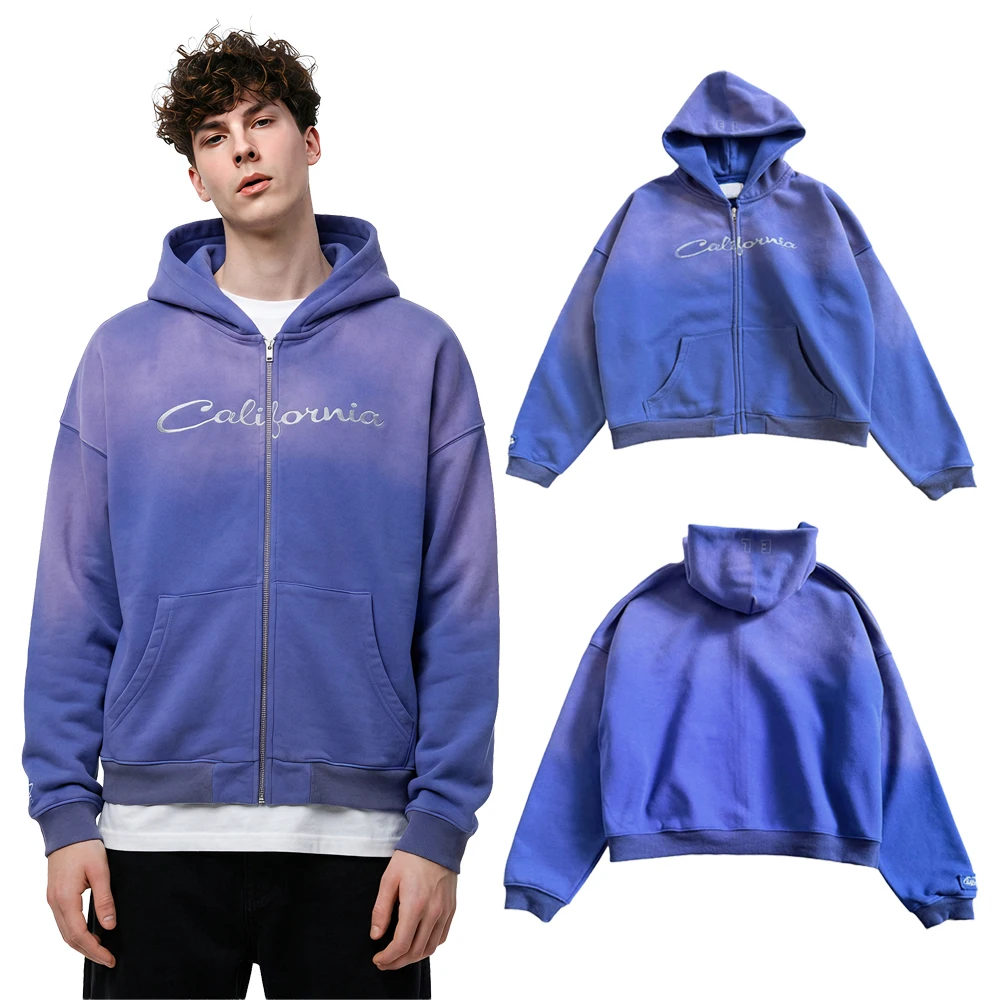 Y2k Streetwear Letter Art Graphic Zip Up Hoodies Heavy Weight Cotton Hip Hop Street Style Vintage Distressed Blue Casual Hoodies