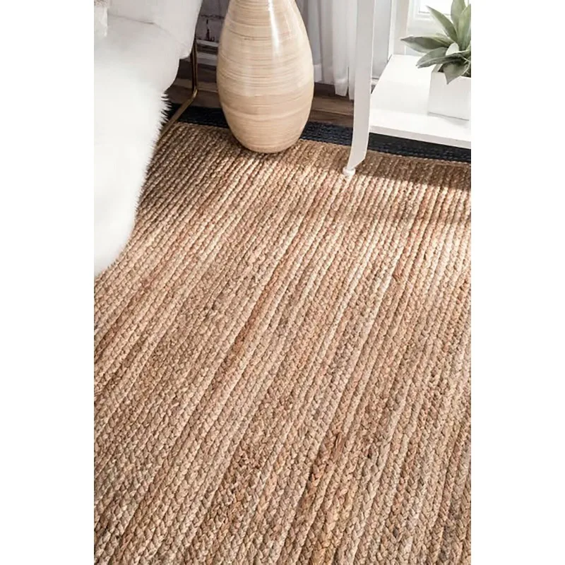 Area Rug Natural Jute Handmade Braided Carpet with Blue Strip Modern Runner Rug