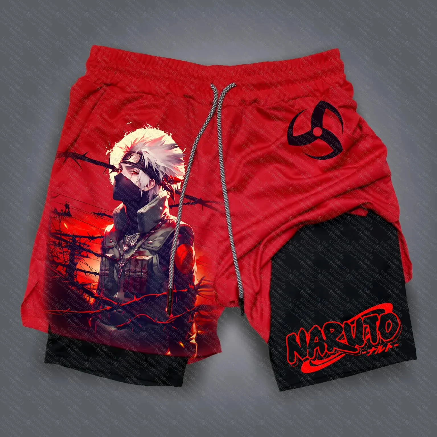 Naruto Anime Sasuke Peripheral Print Summer Double-layer Shorts Men's and Women's Commuting Sports Daily Sports Shorts
