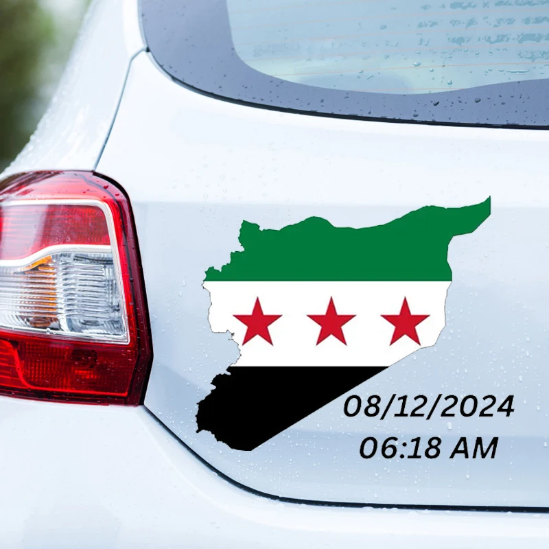 CS30506# Car Sticker for Flag Map of Syria and Date Number 06:18 AM, 08/12/2024 Vinyl Decal for Car Bumper, Door or Window