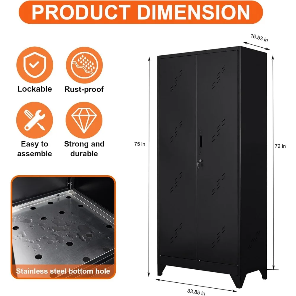 Armoire de Rangement de Garage en Métal, Placard à Balais Multifonctionnel avec Portes, Noir, 75 Pouces