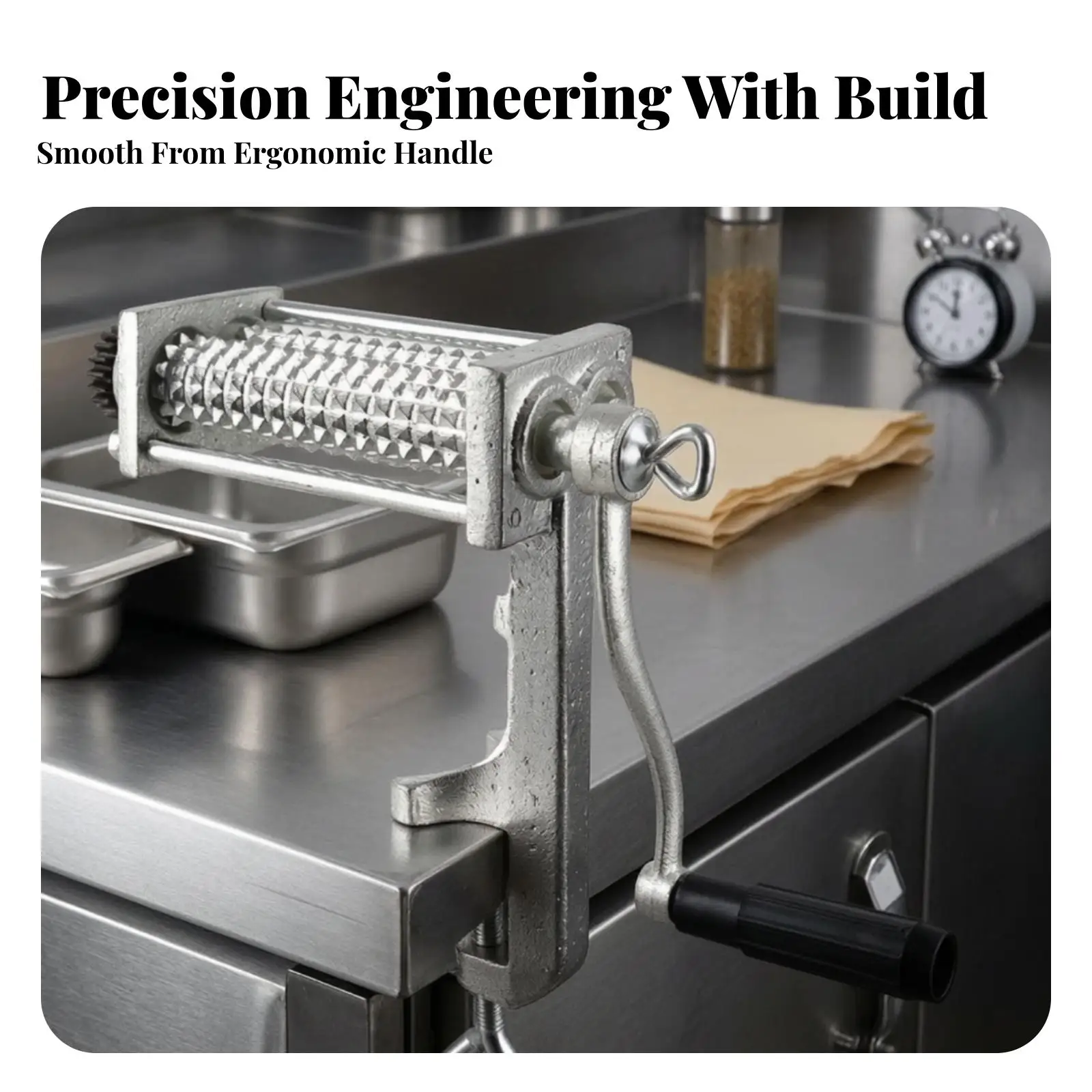 Hand Crank Roller Meat Tenderizer Aluminum Alloy Kitchen Tool with Clamp Mount for Home Chef Steak Prep
