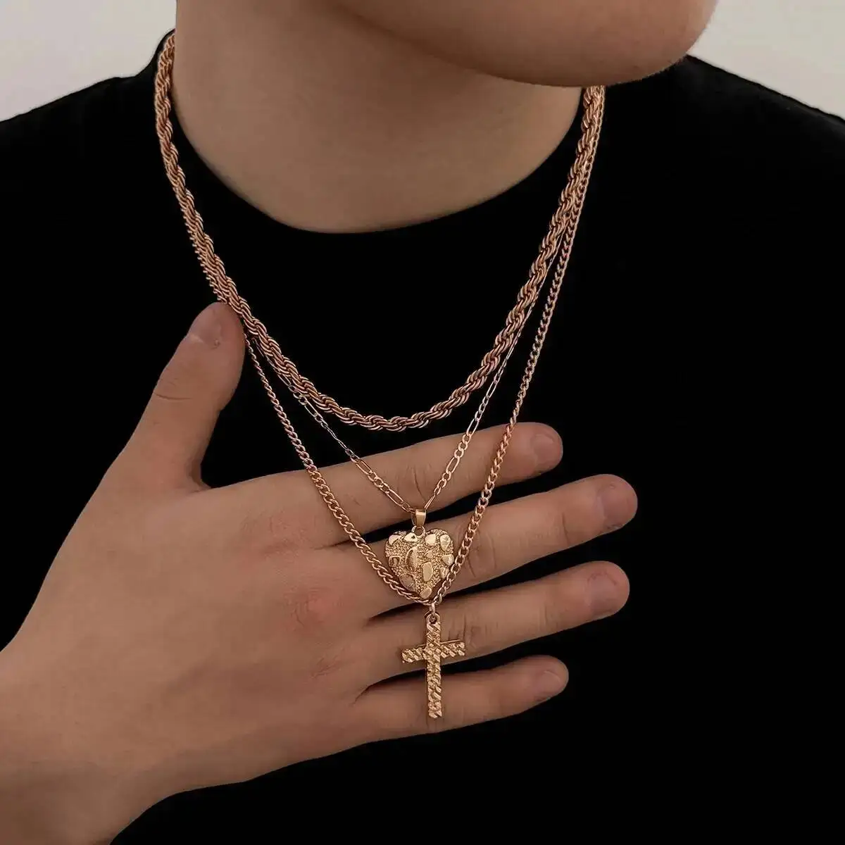 SHIXIN 3Pc/Set Vintage Peach Love Heart Cross Jesus Pendant Choker Necklace Men Multilayer Chain Grunge Jewelry Steampunk Gifts