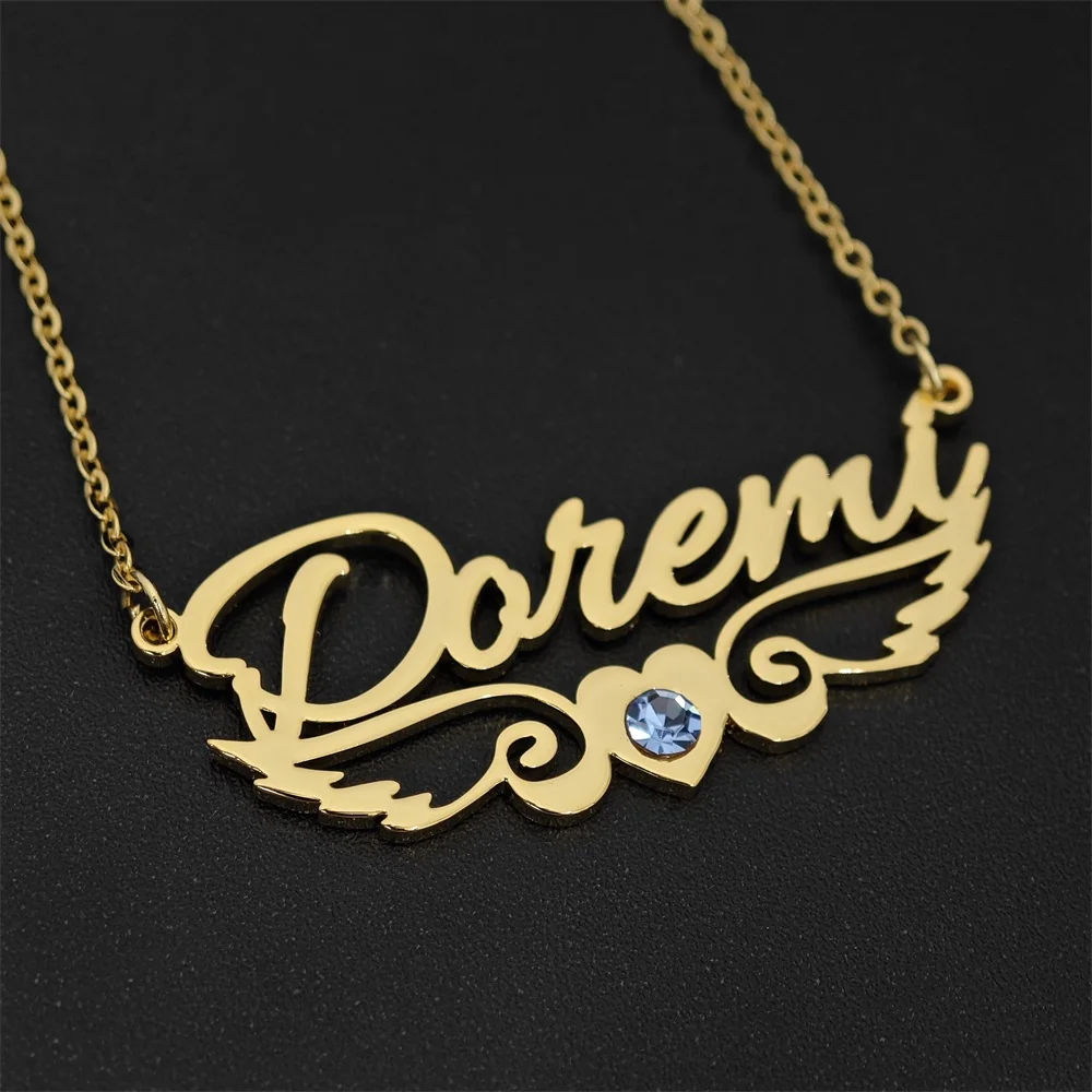 2023 Personalize Angel Wing Birthstone Name Necklace Custom Colorful Zircon Necklace Stainless Steel Women Jewelry Gifts