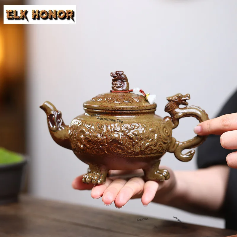 350ml Traditional Yixing Purple Clay Teapots Handmade Ancient Dragon Tripod Pot Raw Ore Wood-fired Mud Kettle Zisha Tea Set Gift