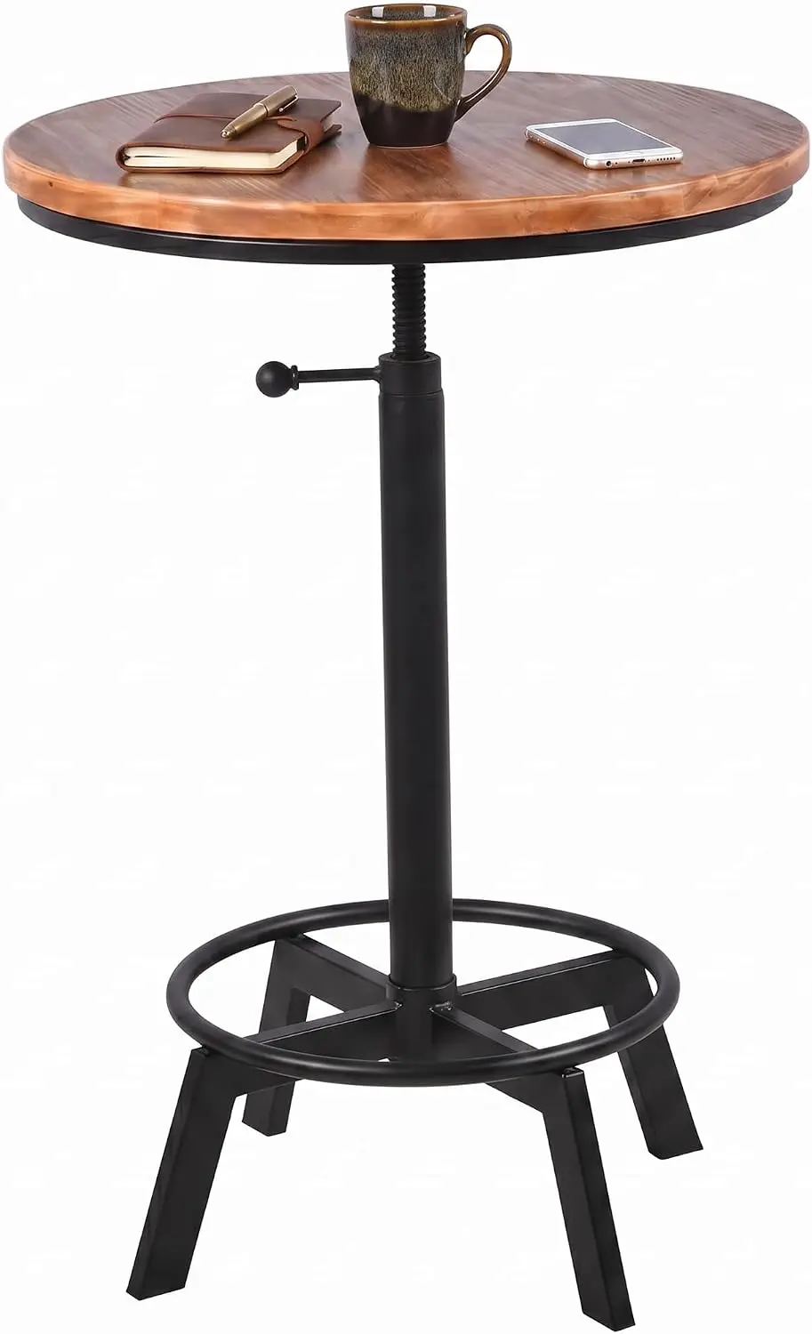 Vintage Bar Table 30-35.4inch Height Adjustable Industrial Bistro Table Retro Dinning Table for Kitchen Coffee House Pub Swivel Wooden Top