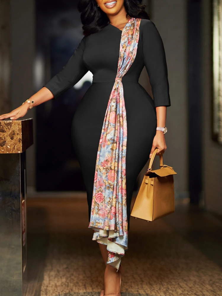 2024 Women\'s Dress Autumn Long Sleeve Printed Splicing OL Office Commuter Work Clothes Cocktail Party Slimming Evening Dresses