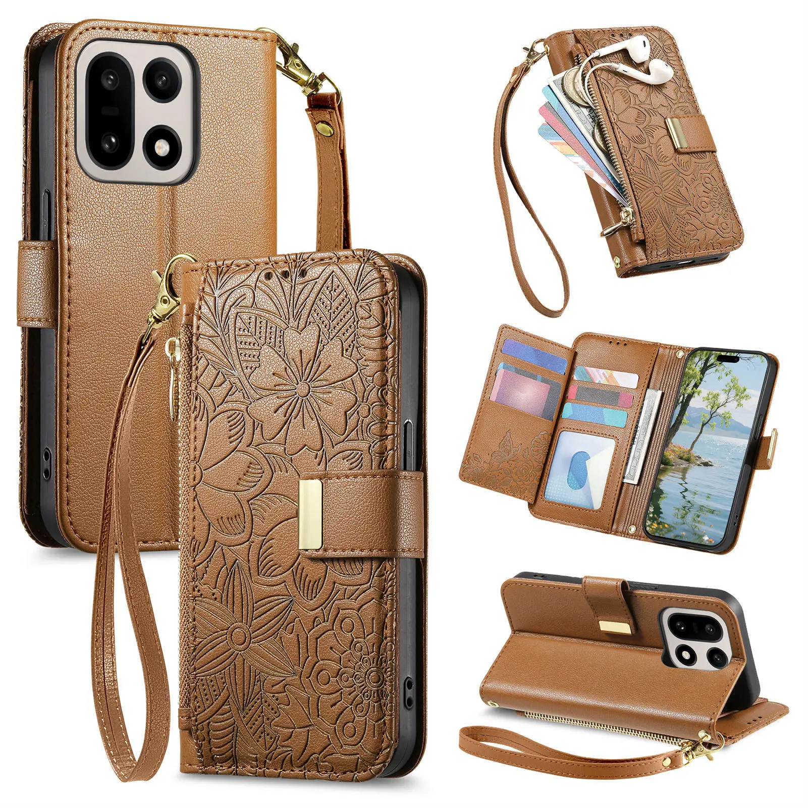 For OnePlus 15 oneplus15 5G Case Luxury Leather Zipper Crossbody Flip Wallet Card Slot Bracket Shockproof Back Cover Accessories