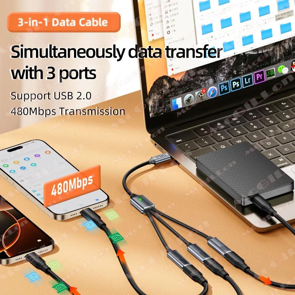 3‑in‑1 USB‑A & Type‑C Splitter Cable, USB 2.0 Hub OTG Converter Adapter, Charging & Data Transfer for Smartphone Laptop Tablet