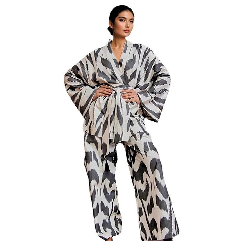 2024 ฤดูใบไม้ร่วงใหม่ผู้หญิงไม่สม่ําเสมอพิมพ์กางเกงหลวมๆชุดชายหาดผู้หญิง