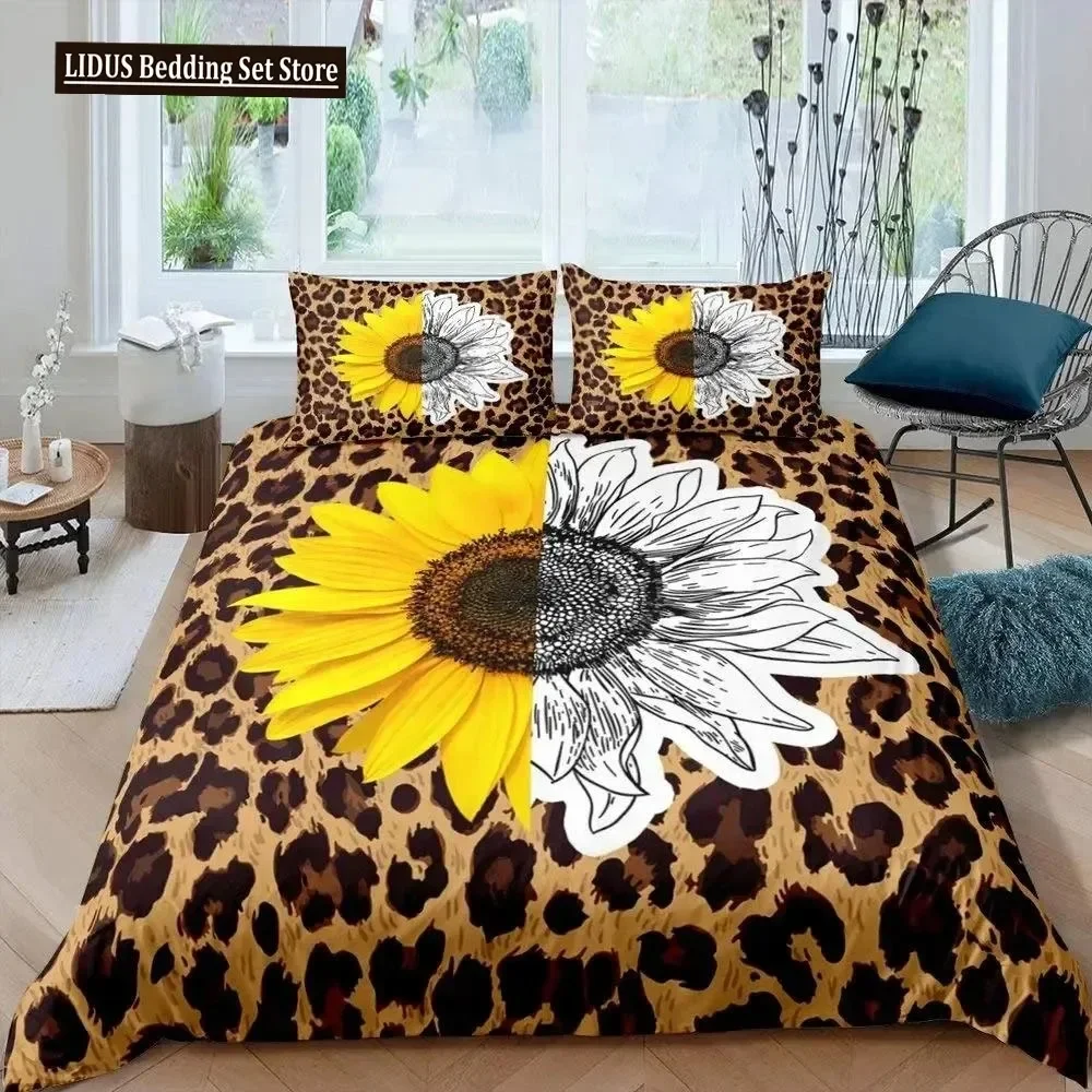 

3D Sunflower Duvet Cover Set Queen Milk Cow Comforter Cover Black White Abstract Bedding Set Plant Leaf Polyester Quilt Cover