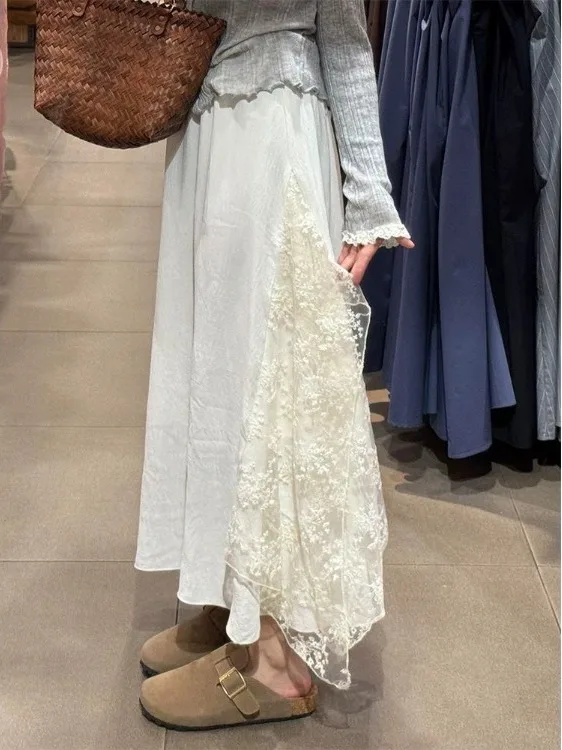 Early Spring New Style A-Line  Skirt in Beige with Asymmetrical Hem Design Versatile Women's Long Skirt High Waist Leathe...
