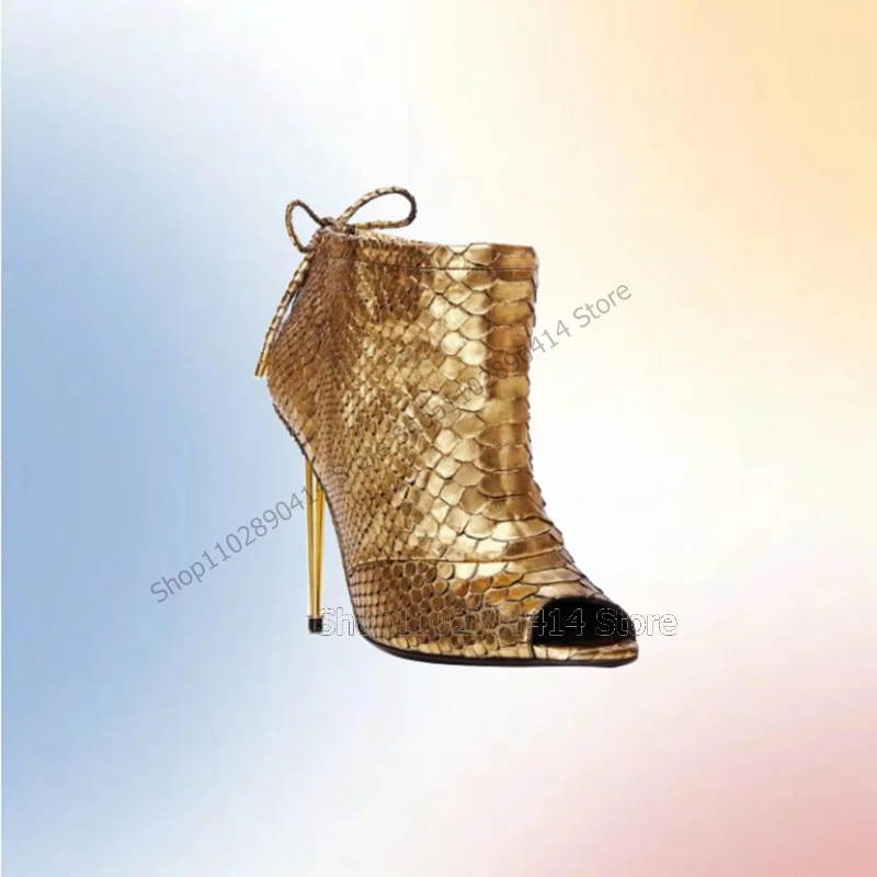 Gold Fish Scale Print Peep Toe Ankle Boots Back Strap Women Shoes Thin High Heels Novel Fashion Party 2023 Zapatos Para Mujere