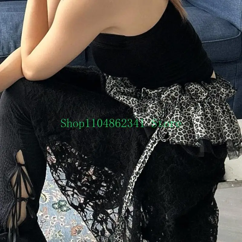 5asd Tie Up Leopard Mesh Ruffled Apron Skirt with Layered Look for Women Decorative Tie Waist Mini Wrap Skirt Overskirt Scarf