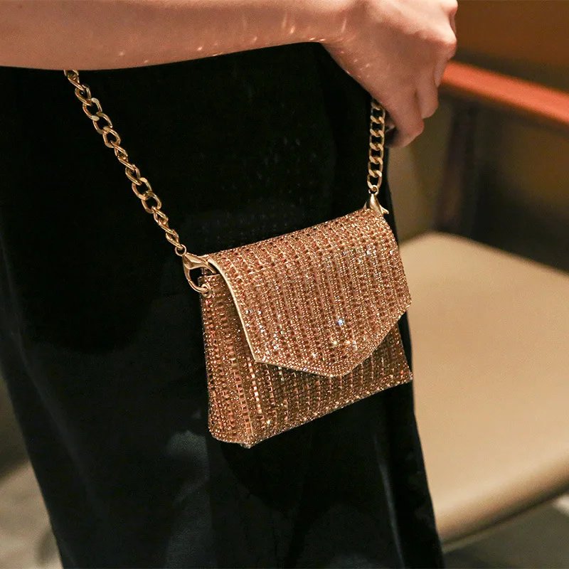 New Bling Diamond Encrusted Chain Handbag Sparkling Disco Night out Luxury Lady Bag Soft PVC Material Glittering Sequin Clutch