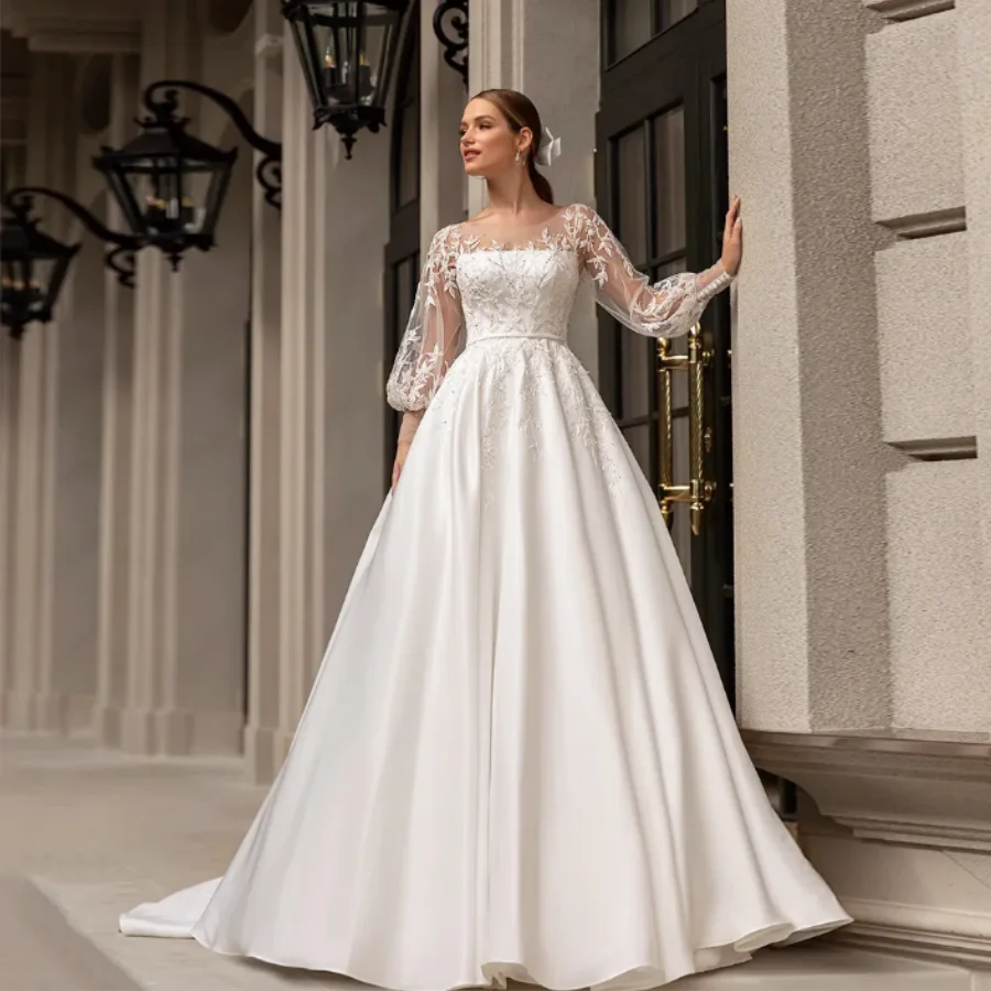 Women O-Neck Full Sleeves Bride Dress Satin With Classic Wedding Dresses Applique Sweep Train A-Line Custom Occasion Gowns