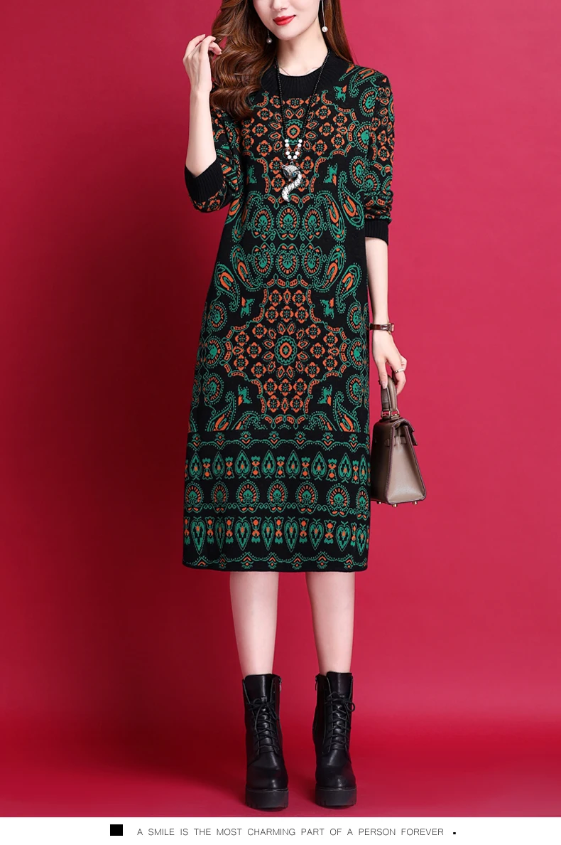 

Women Black Print Knitted Cotton Midi Dress Korean Vintage Sweater Dress Autumn Winter Elegant Bodycon Party Dress