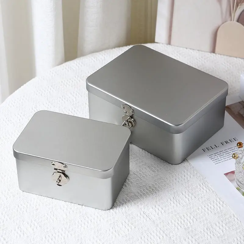 1 piece Lockable Tin Storage Box Household Desktop Storage Box Metal Box Jewelry Storage Empty Box Desktop Organizer Box