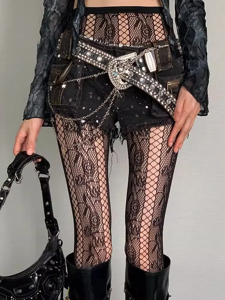 

Y2K Gothic Fishnet Black Tight Women Sexy Sheer Pantyhose Retro Stocking Hollowed Out Vertical Grain Lace Mesh Circles Pantyhose