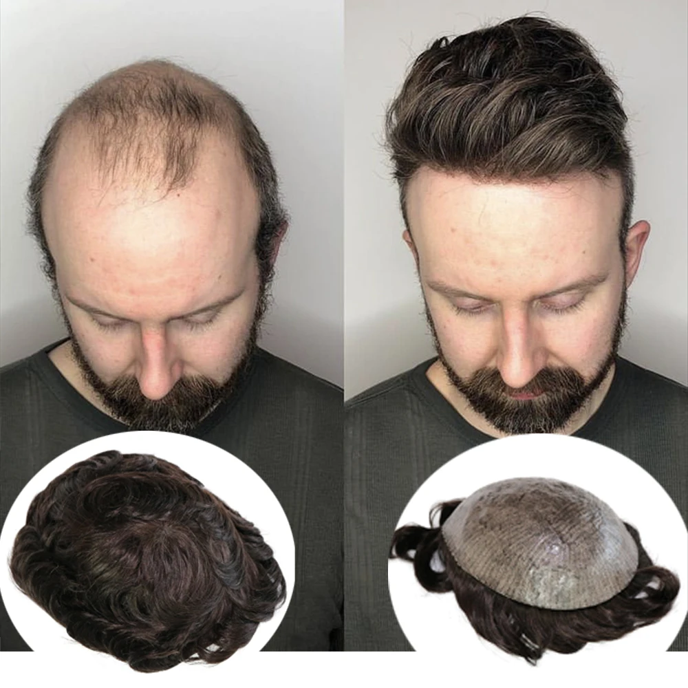 Natural Hairline Dark Brown Super Durable Thin Skin Undetectable full PU Mens Toupee Grey Human Hair Prosthesi Capillary System