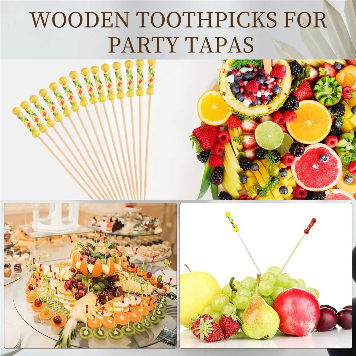 M10K 200Pcs Bamboo Fruit Sticks, Wooden Toothpicks for Party Tapas Sandwich Canapes Appetiser Fruit Skewer BBQ
