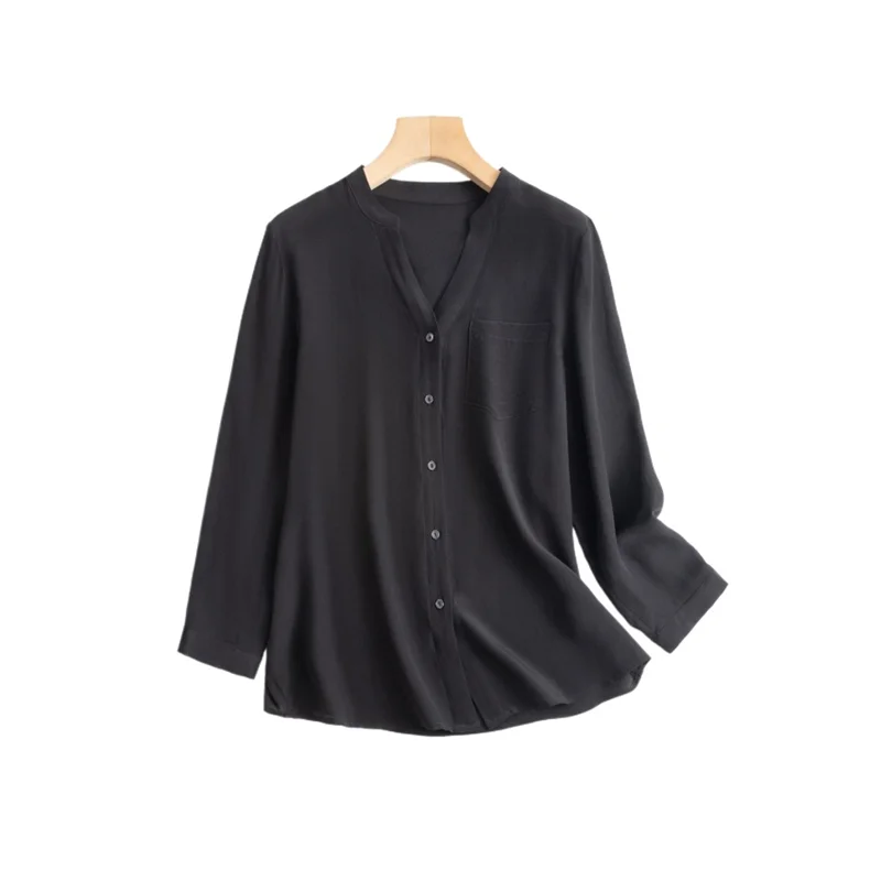 

100% Natural Mulberry Silk 03 Crepe De Chine Light Luxury Temperament V-neck Black Long Sleeved Casual Versatile Women's Shirt