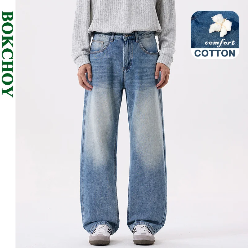 2026 Autumn New Cotton Straight Wide Leg Loose Light Jeans for Men Clothing Vintage Washed Comfort Male Pants AG7396