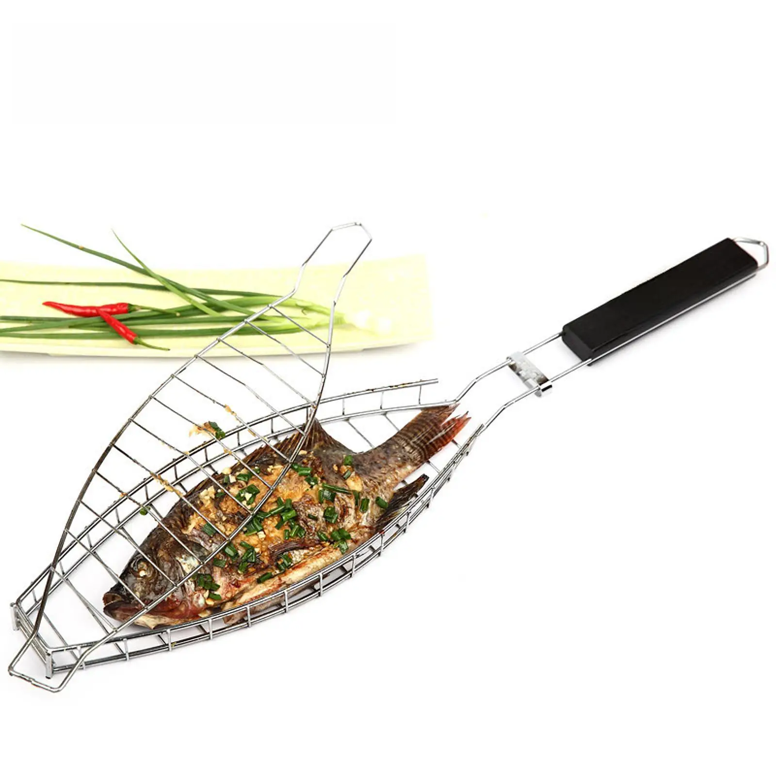 

Grilled Fish Net Wood Handle Fish Grilling Mesh Rack for Party BBQ Cooking