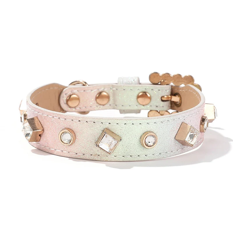 

Shiny Gradient PU Leather Pet Collar with Crystal Rivets - Adjustable Bling Dog Cat Collar for Small Pets Yorkshire Accessories