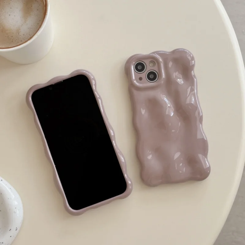 3D Wave Glossy Candy Silicone Case For iPhone 16 15 Plus 14 13 12 11 Pro Max Ins Solid Color Meteorite Texture Shockproof Cover