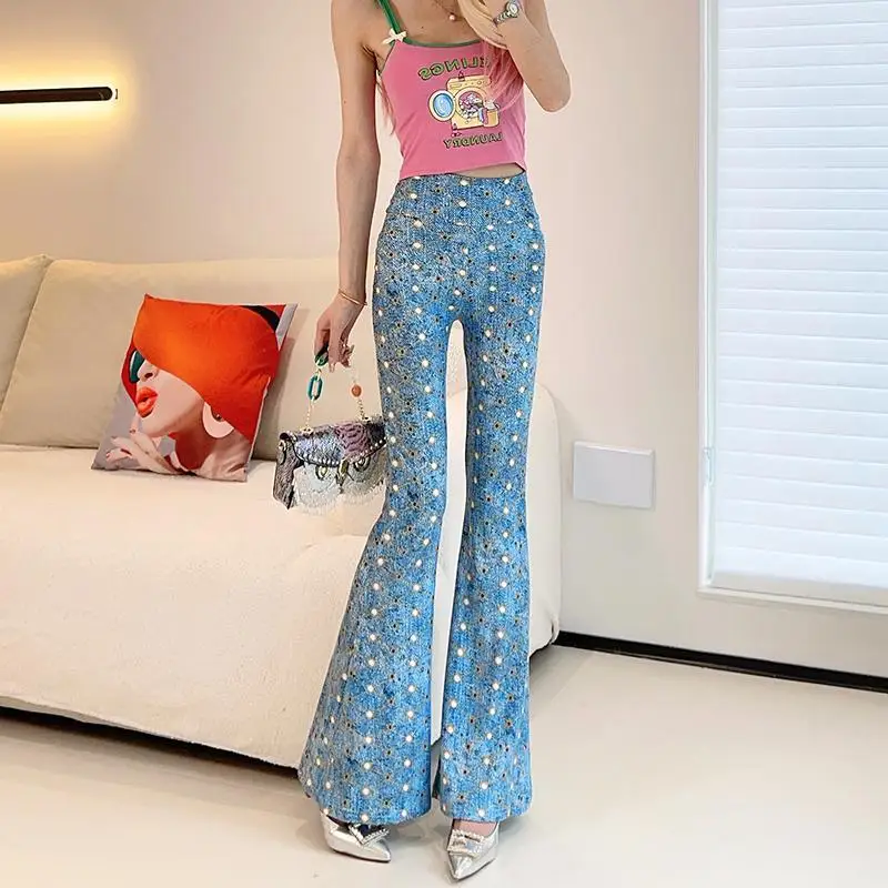 Y2K Blue Denim Effect Pearl Print High Waist Flare Pants | Stretch Slim Fit Bell Bottom Trousers | Kawaii Aesthetic Summer lady