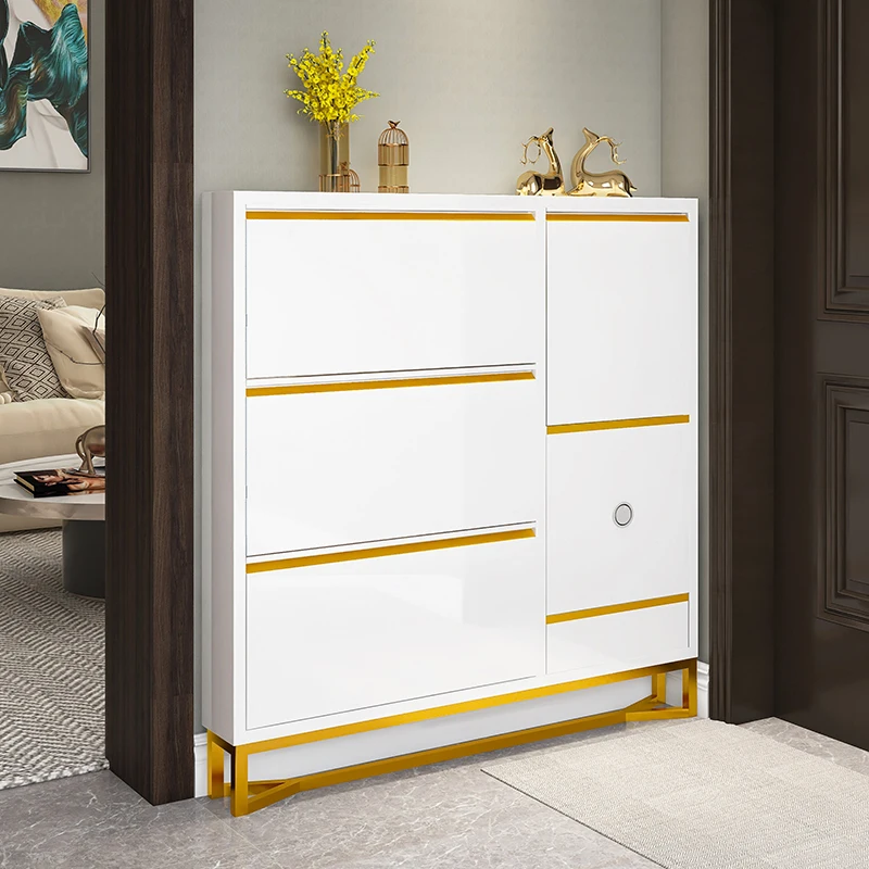Ultra-thin shoe cabinet with stool and tipping bucket at the entrance of the home. After entering the home