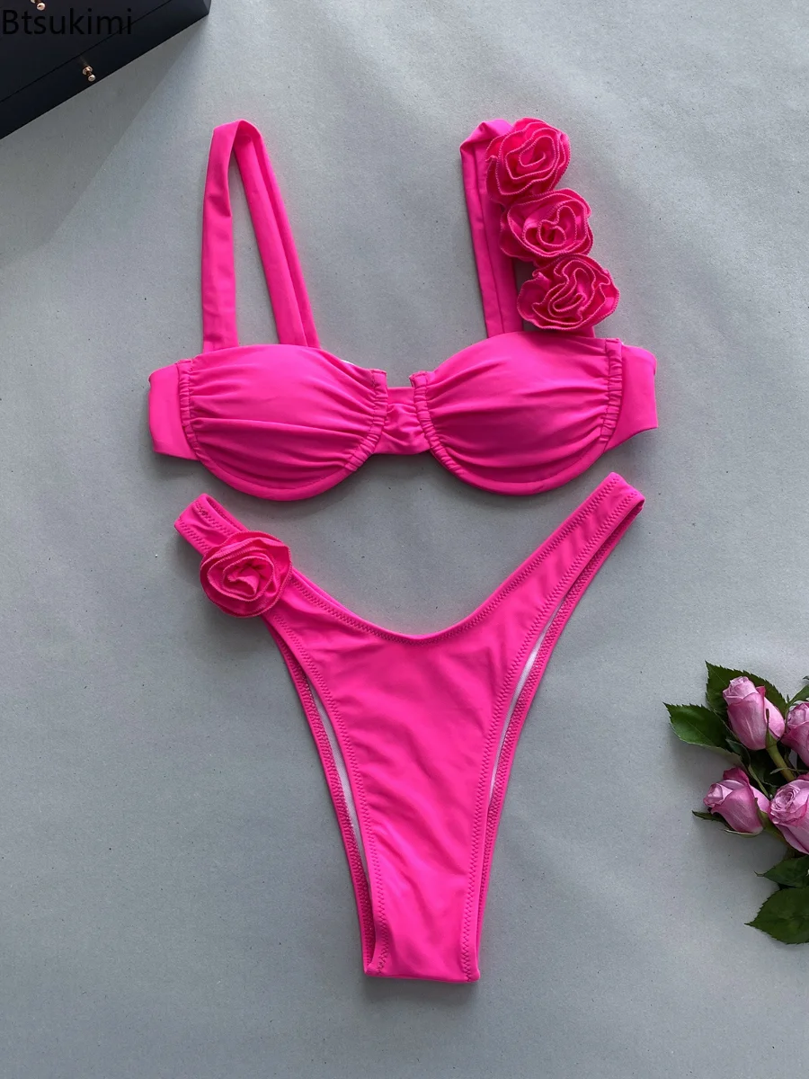 Estate di Colore Solido 3D Fiore Pieghettato Bikini A Fascia Set 2025 Costumi Da Bagno Sexy Delle Donne Costume Da Bagno Brasiliano Biquini Push Up Costume Da Bagno