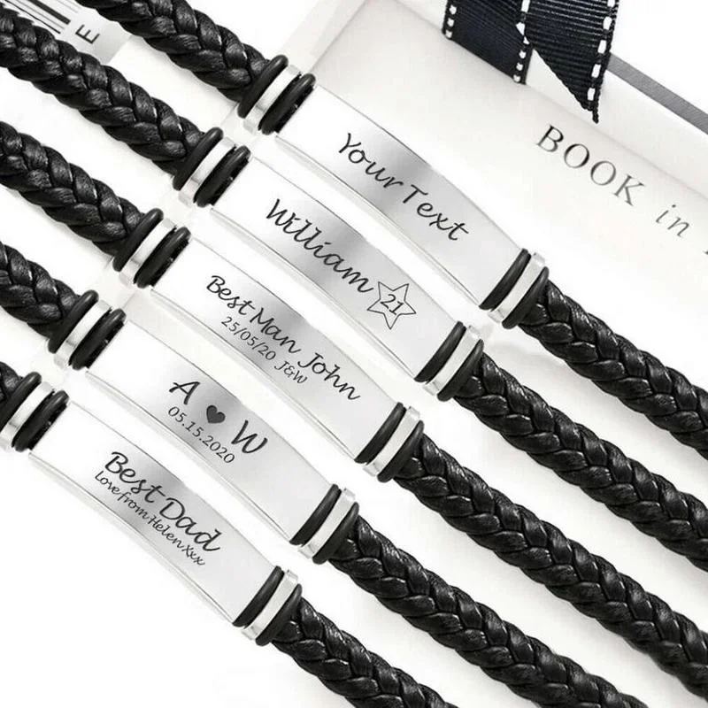 Custom Personalised Engrave Men Leather Bracelet Gift for Boyfriend Husband Brother Father Son   Grey s