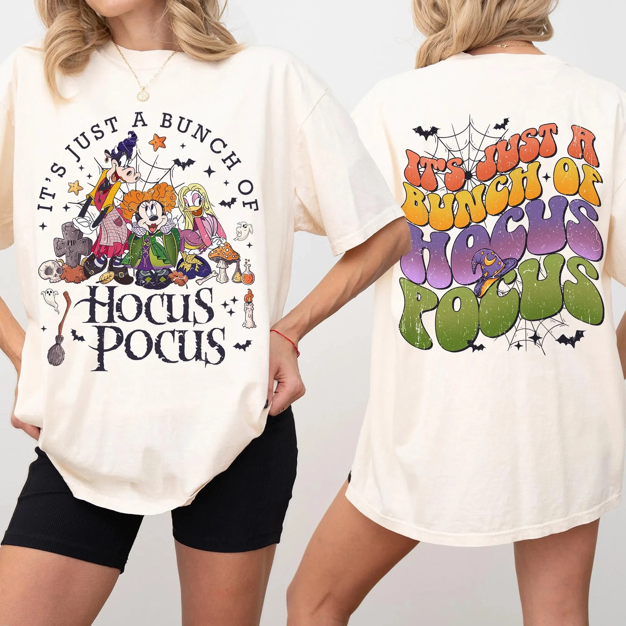 

New 2025 It’s Just A Bunch of Hocus Pocus Halloween Shirt Mickey Minnie Halloween Tee Sanderson Sisters Parody Shirt Top
