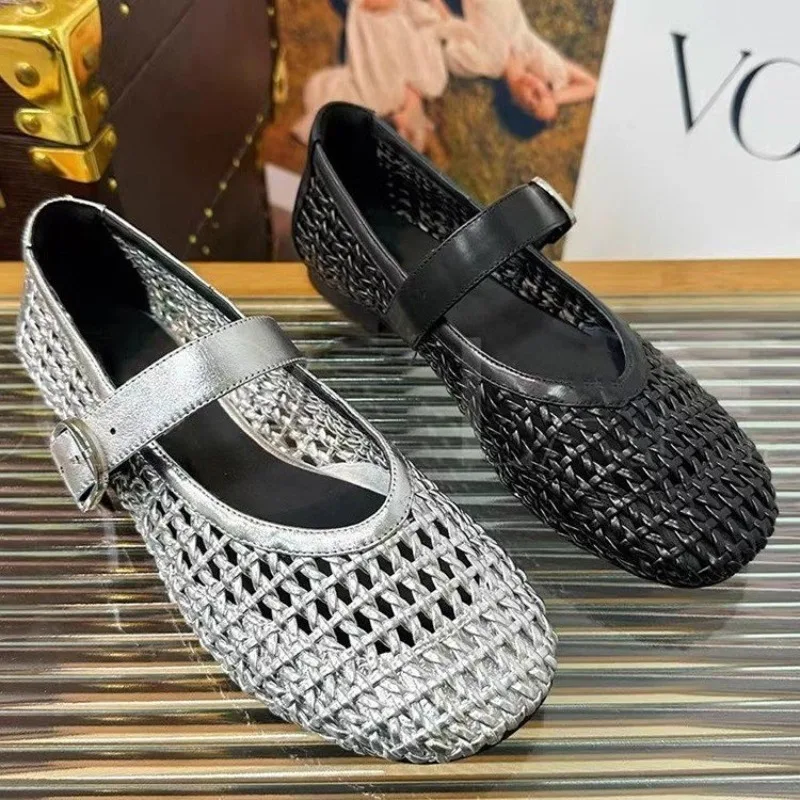 

Mesh Hollow Flats Sandals Mary Janes Shoes Women Weave Summer 2025 Trend Shallow Casual Loafers New Leather Dress Zapatos Mujer