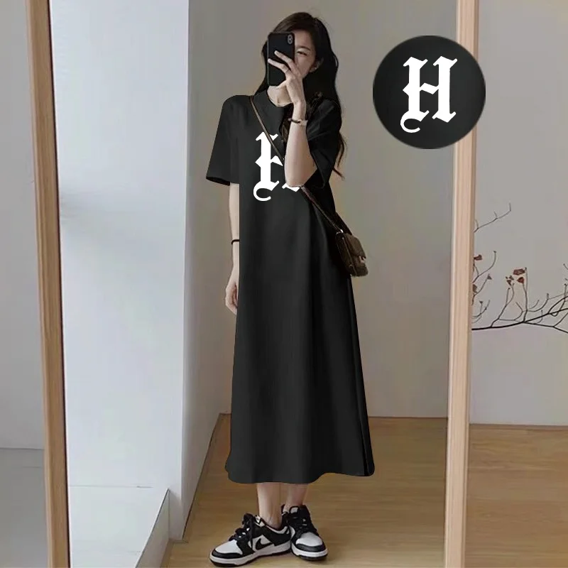 Women Casual Short Sleeve Maxi Dress Gothic Letter H Print Loose Oversized Side Split Summer Long T Shirt Dress
